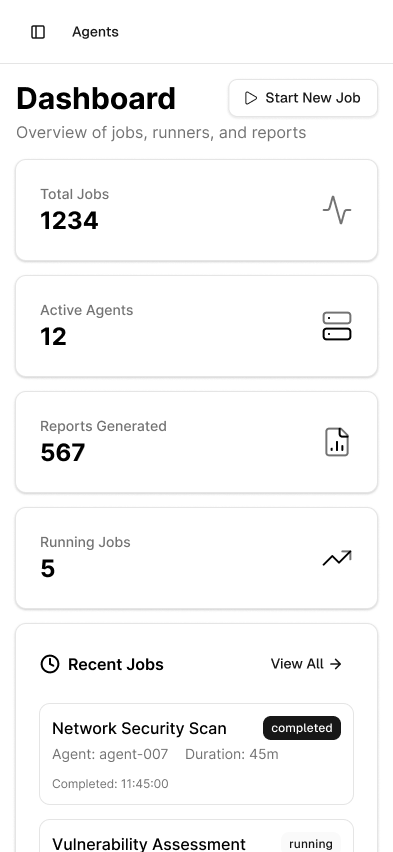 Pentulz security orchestration dashboard showing distributed agents, running jobs, and unified vulnerability findings in a clean interface