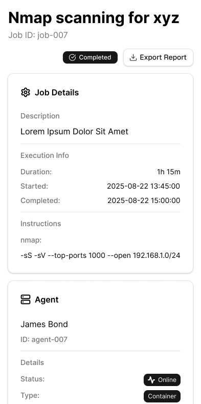 Pentulz job execution interface displaying multiple security tools running across distributed agents with progress tracking