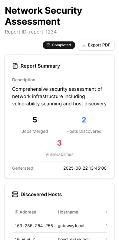 Pentulz results analysis dashboard with normalized vulnerability findings, advanced filtering, and comprehensive export capabilities in unified JSON format